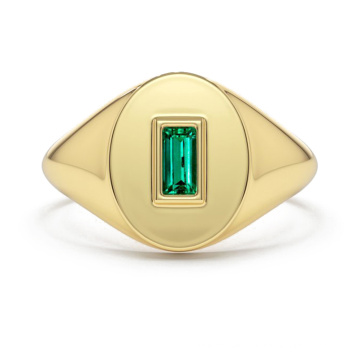 Men women 925 sterling silver 14k Gold Baguette Emerald Signet Ring